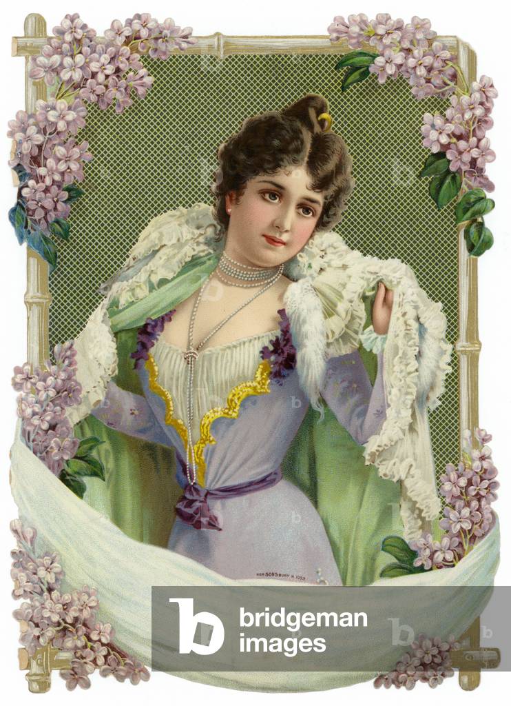 Decoration featuring a portrait of a woman (colour litho)