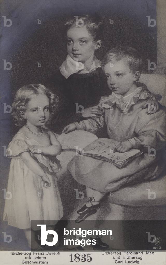 Archduke Franz Joseph (later Franz Joseph I, Emperor of Austria), Archduke Ferdinand Max (later Maximilian I of Mexico) and Archduke Karl Ludwig of Austria as young children in 1835. (litho)