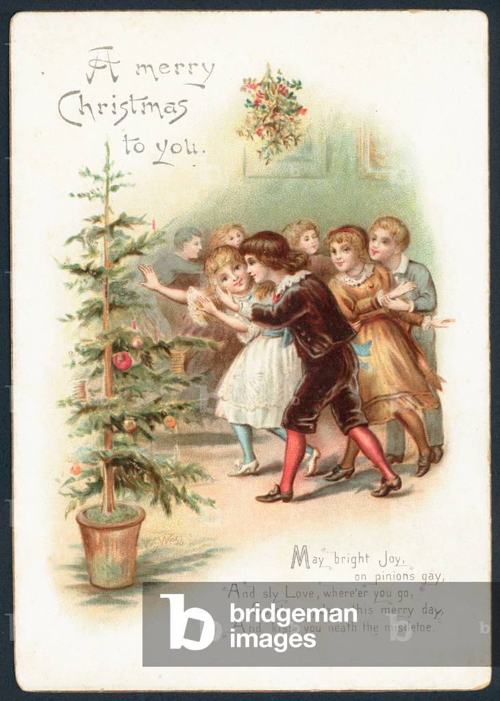 Having fun beneath the mistletoe, Christmas Card (chromolitho)