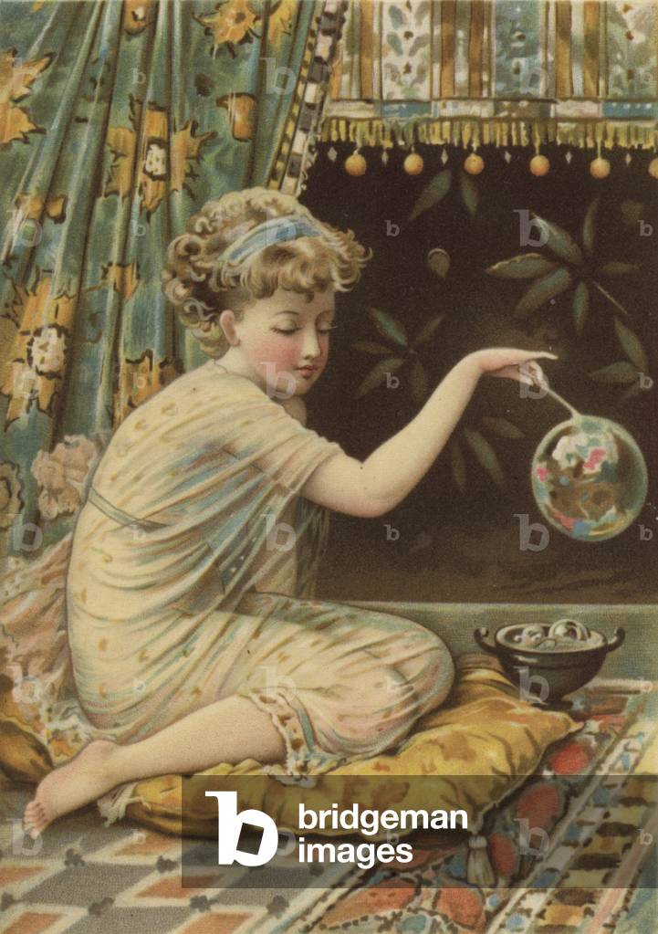 Girl blowing bubbles (colour print on silk)
