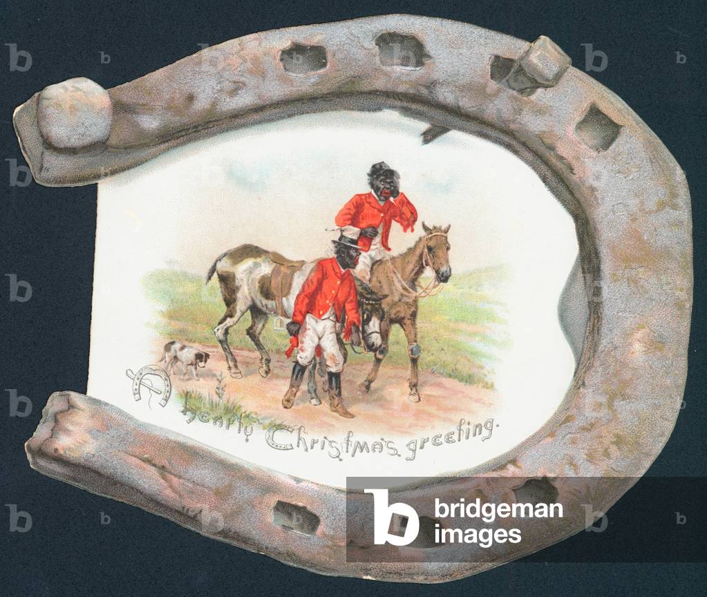 Discheveled Huntsmen and Horseshoe, Christmas Card (chromolitho)