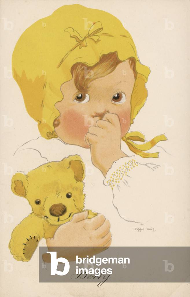 Young child, with teddy bear, sucking thumb (colour litho)
