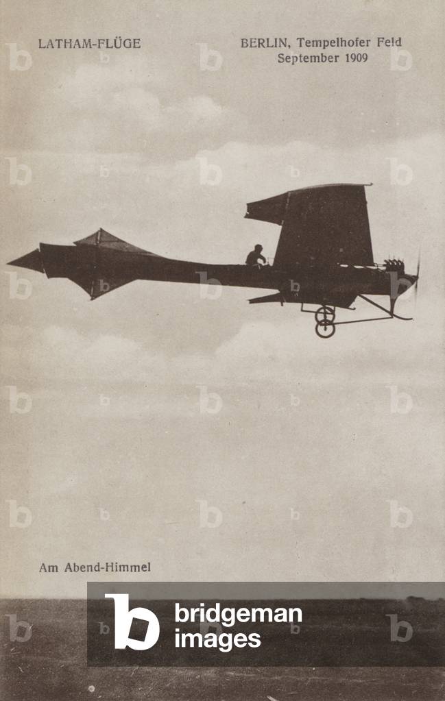 French aviator Hubert Latham flying over Tempelhof airfield, Berlin, September 1909 (b/w photo)