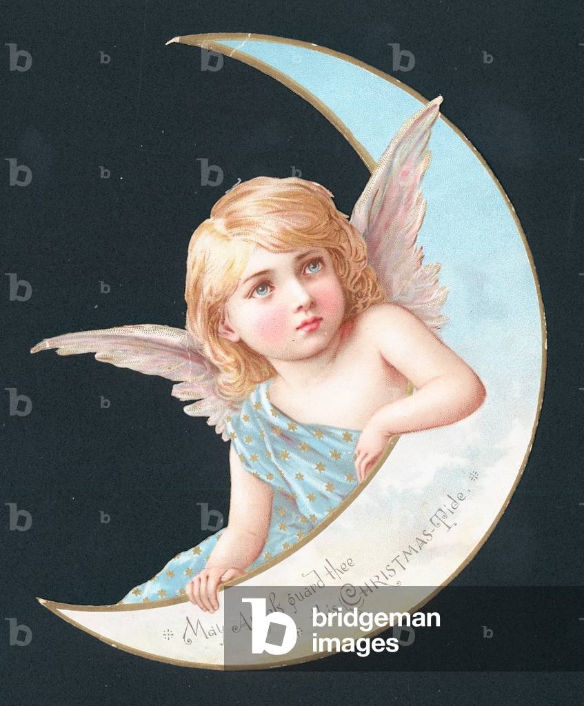 Angel and moon crescent, Christmas Card (chromolitho)