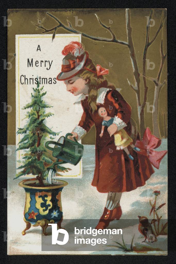 Girl with her doll watering a Christmas tree, greetings card. (chromolitho)