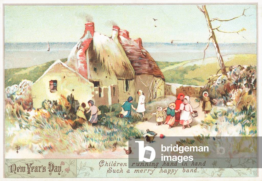 Children running hand-in-hand, New Year Card (chromolitho)
