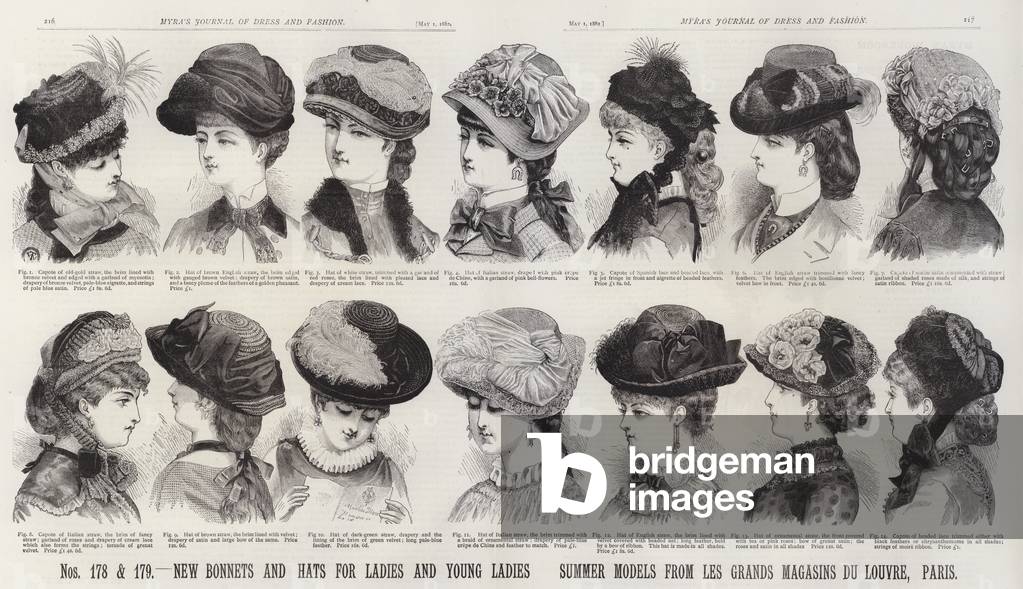 New Bonnets and Hats for Ladies and Young Ladies; Summer Models from Les Grands Magasins Du Louvre, Paris (engraving)
