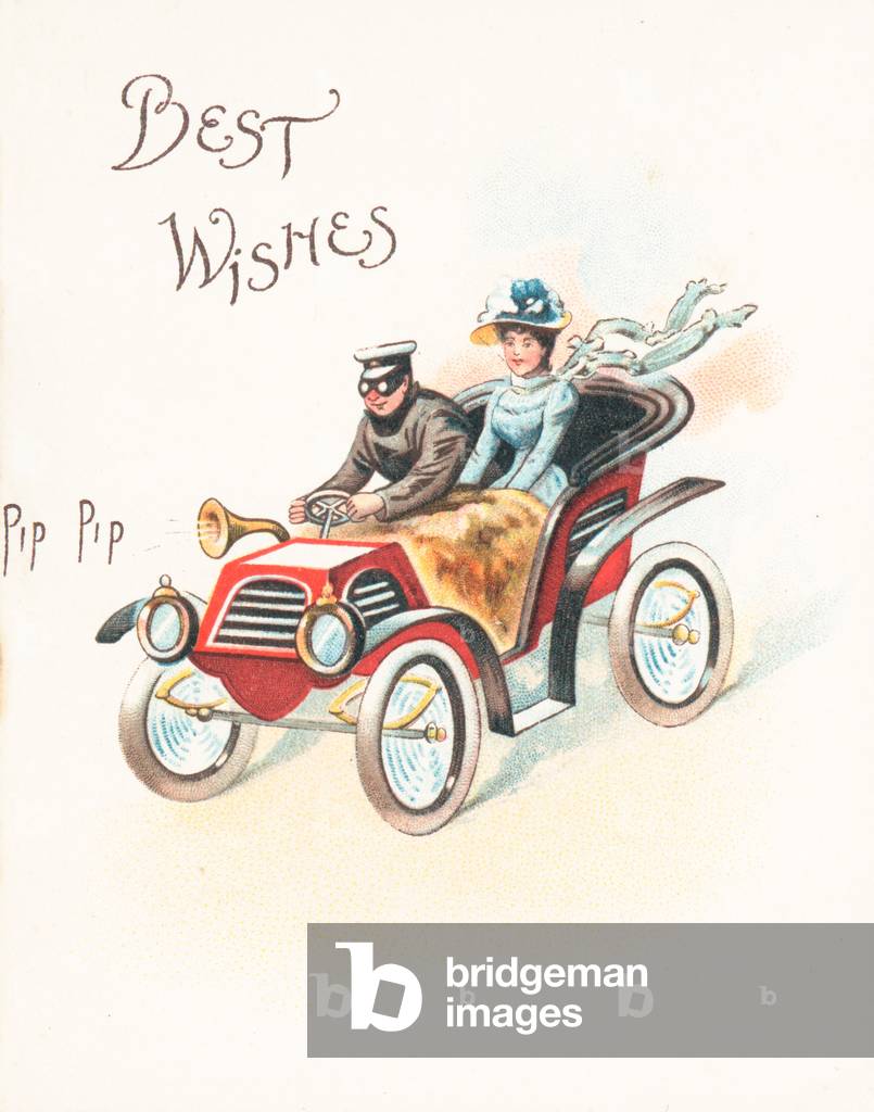 Lady and Gent racing in car, Christmas Card (chromolitho)