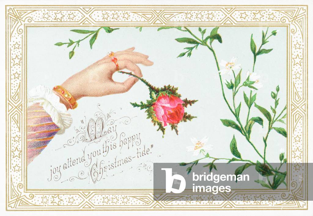 Ladies hand holding Rose, Christmas Card (chromolitho)