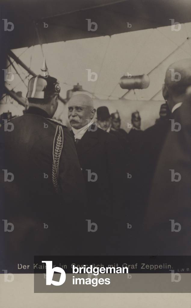 Kaiser Wilhelm II of Germany in conversation with airship constructor Graf Ferdinand von Zeppelin (b/w photo)