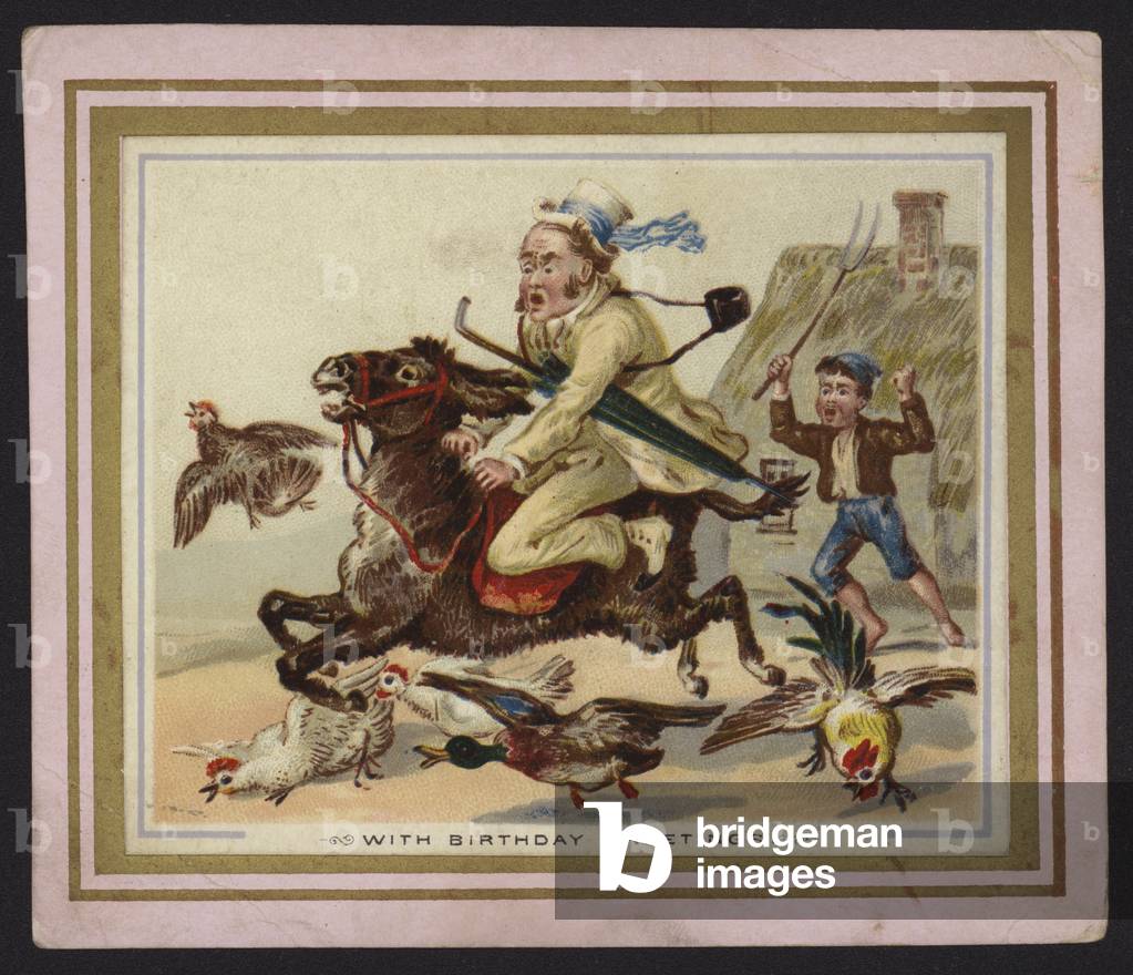 Man riding a runaway donkey (chromolitho)