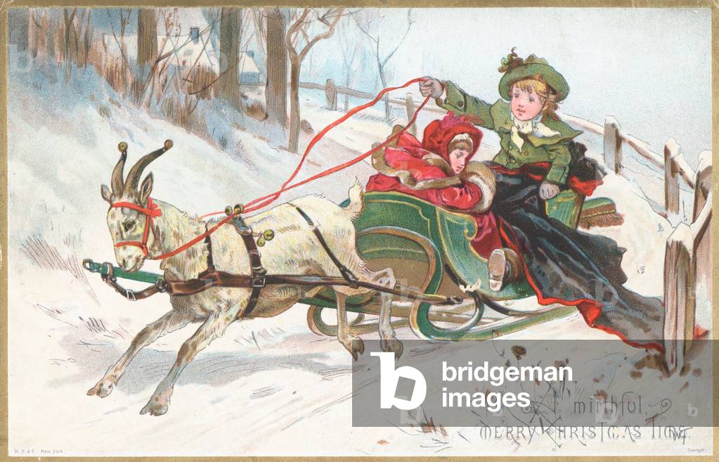 Goat pulling Sleigh, Christmas Card (chromolitho)