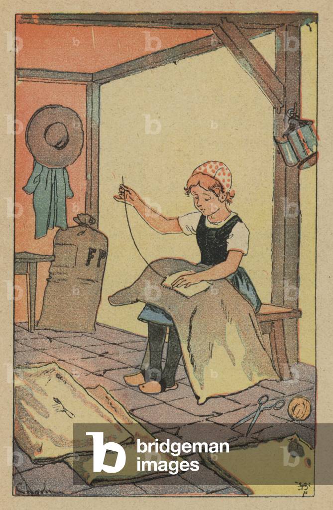 Young girl sewing labels onto flour sacks (colour litho)