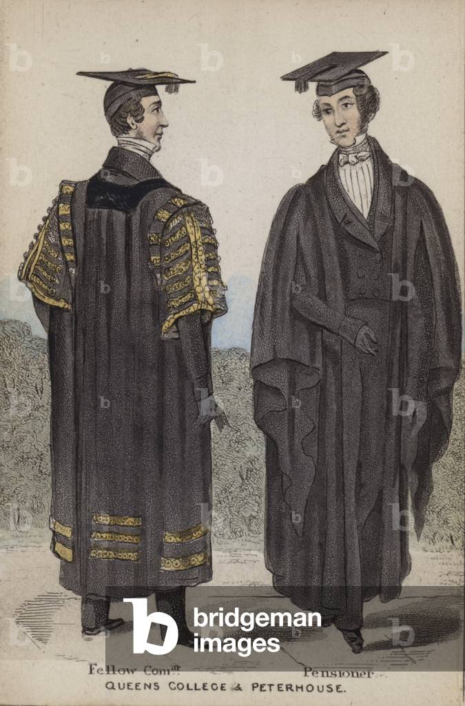 Fellow Commoner, Pensioner, Queen's College and Peterhouse (coloured engraving)