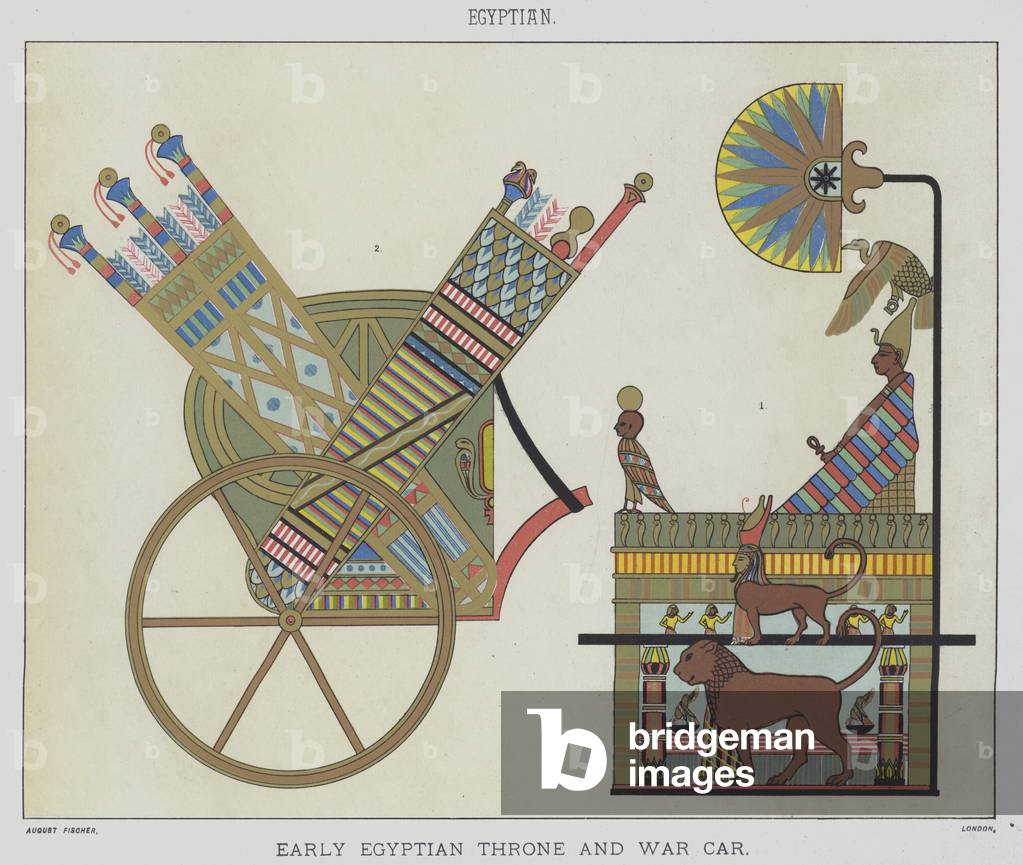 Egyptian, Early egyptian throne and war car (colour litho)