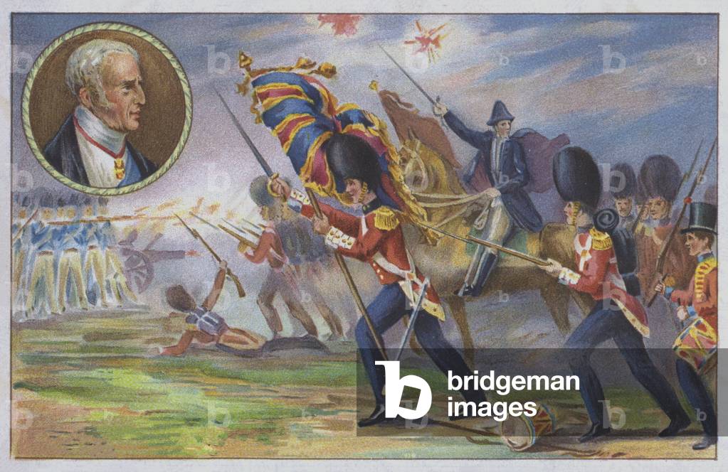 The Duke of Wellington commanding the British army at the Battle of Waterloo, 1815 (chromolitho)