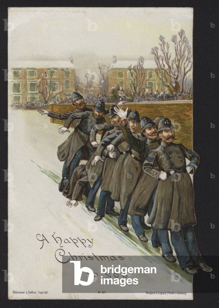 Line of policemen sliding down an icy street (chromolitho)