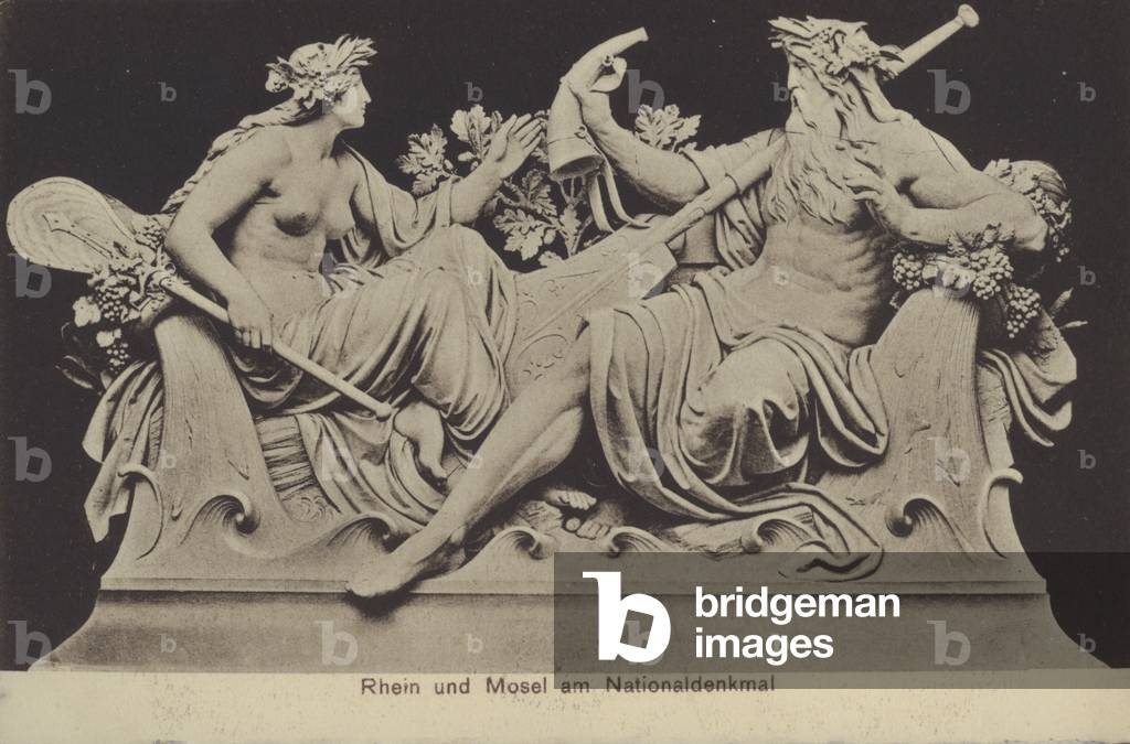 Allegorical figures representing the Rhine and the Mosel on the Nationaldenkmal, monument commemorating the unification of Germany, Rudesheim am Rhein, Hesse (b/w photo)