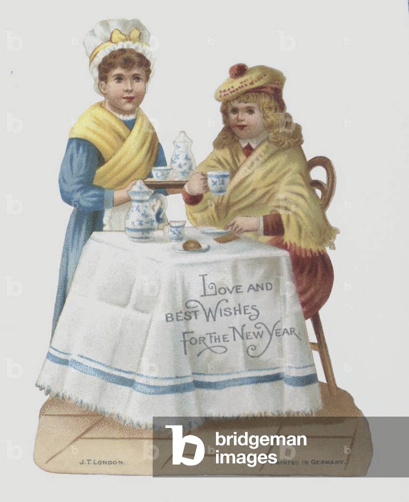 Woman drinking tea in a tea room: New Year's greeting card (chromolitho)