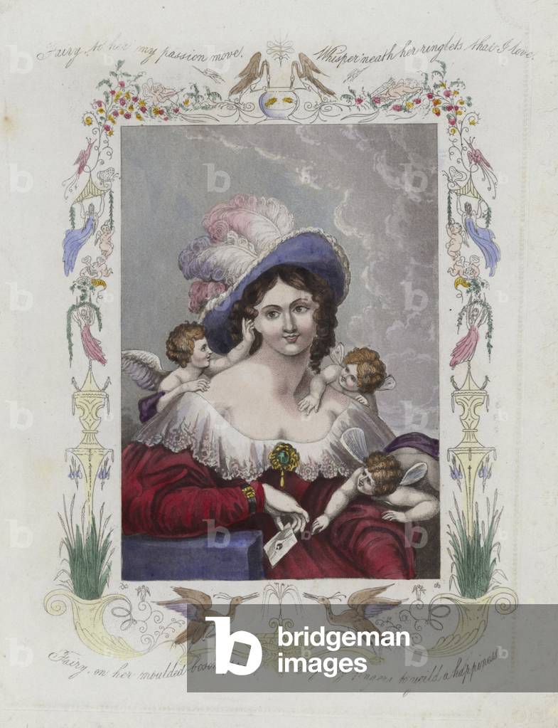 British Valentine card with an image of a woman surrounded by cherubs (colour litho)