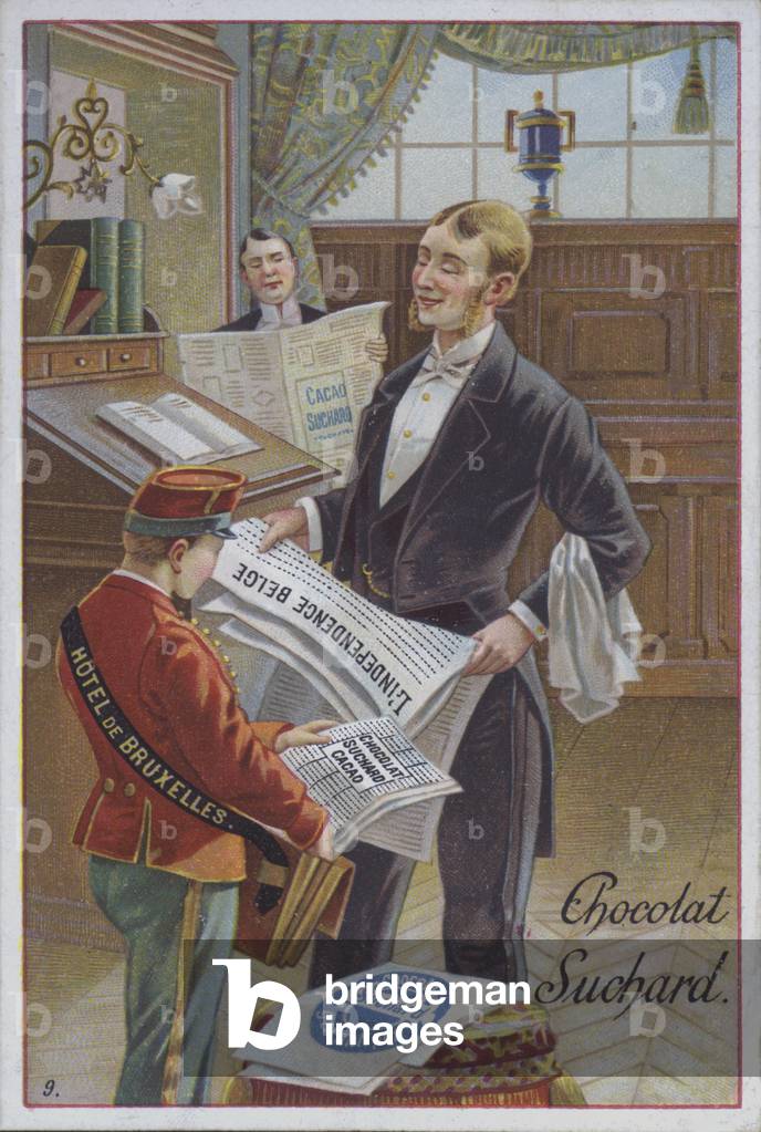 Staff with newspapers in a Brussels hotel, advertisement for Suchard chocolate (chromolitho)