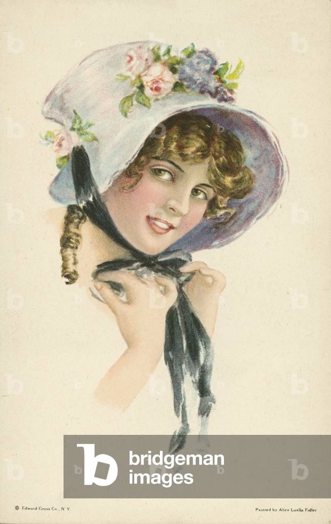 Portrait of a pretty young woman in a blue bonnet (colour litho)