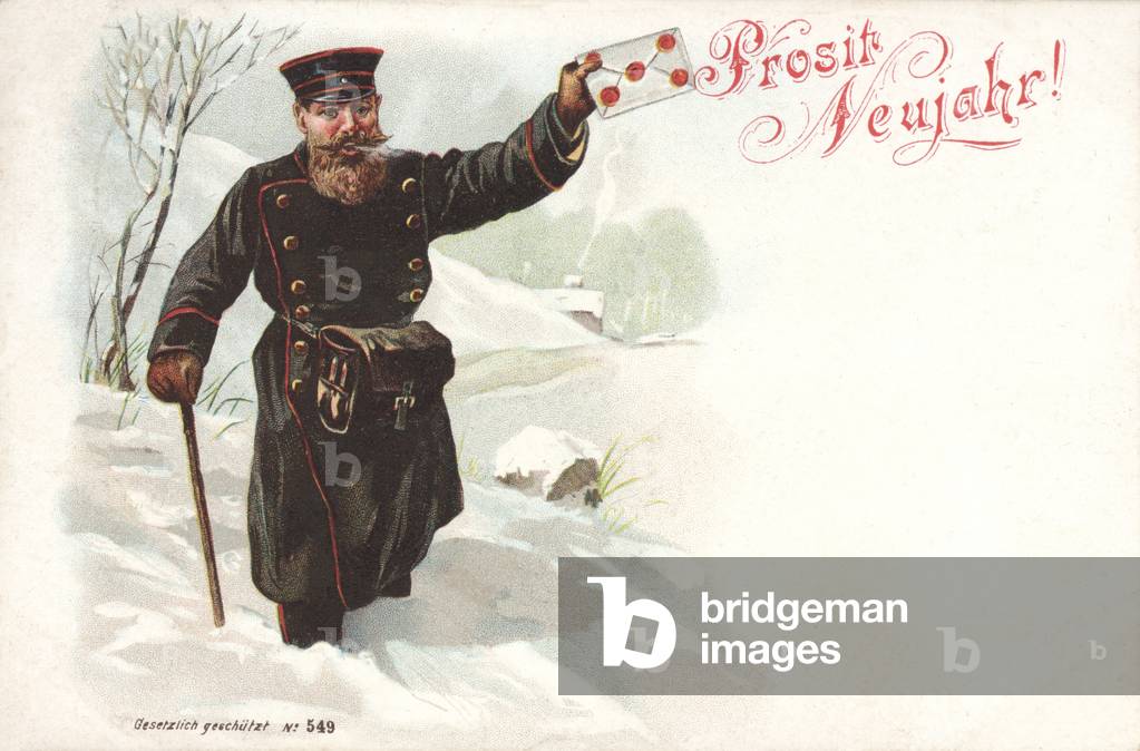 Postman delivering a letter in the snow, New Year's greetings card (chromolitho)