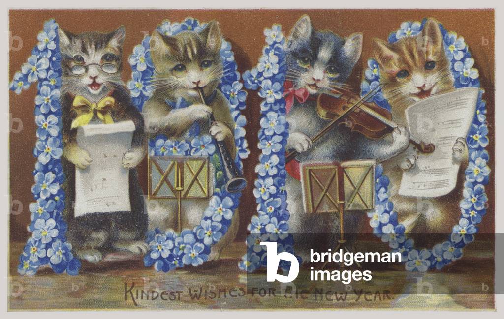 1910 New Year's greetings card depicting four cats playing musical instruments. (chromolitho)