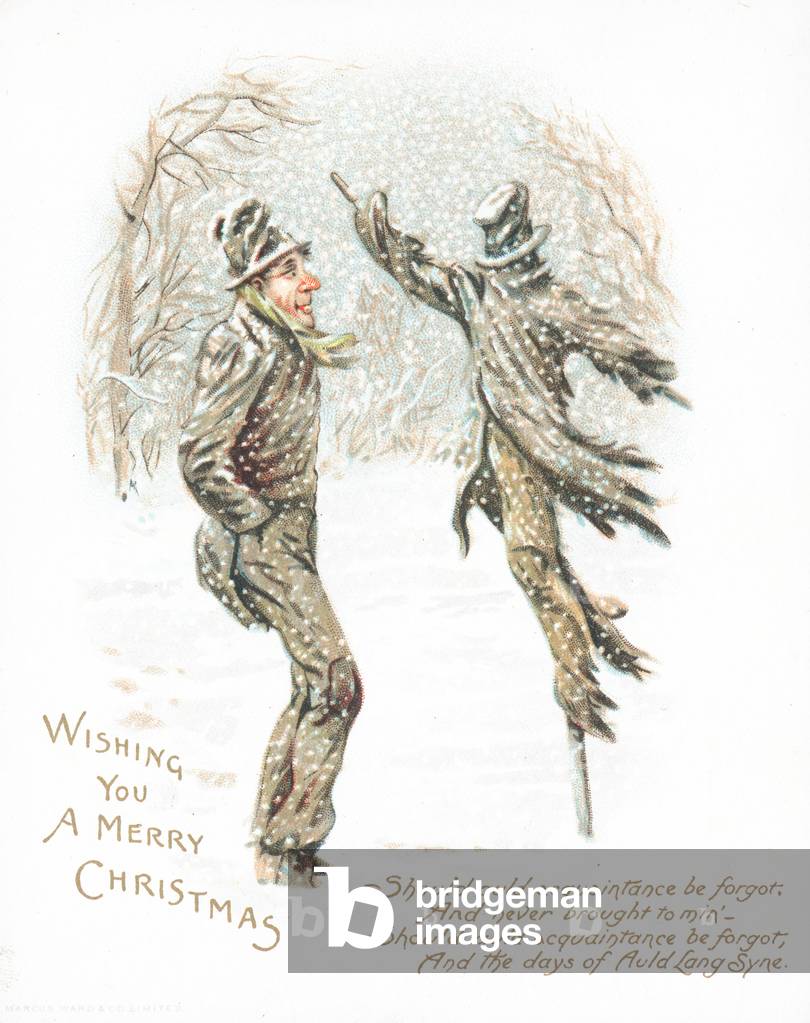 Man looking at Scarecrow, Christmas Card (chromolitho)