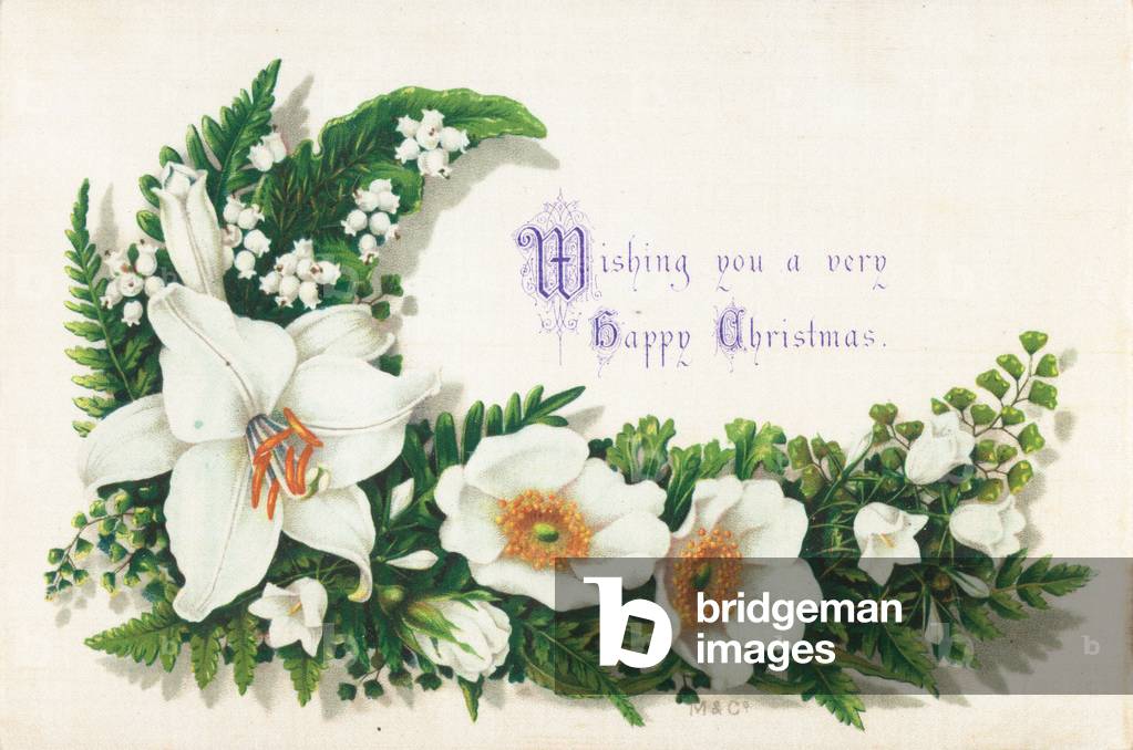 Wild Roses and Lily Of The Valley, Christmas Card (chromolitho)
