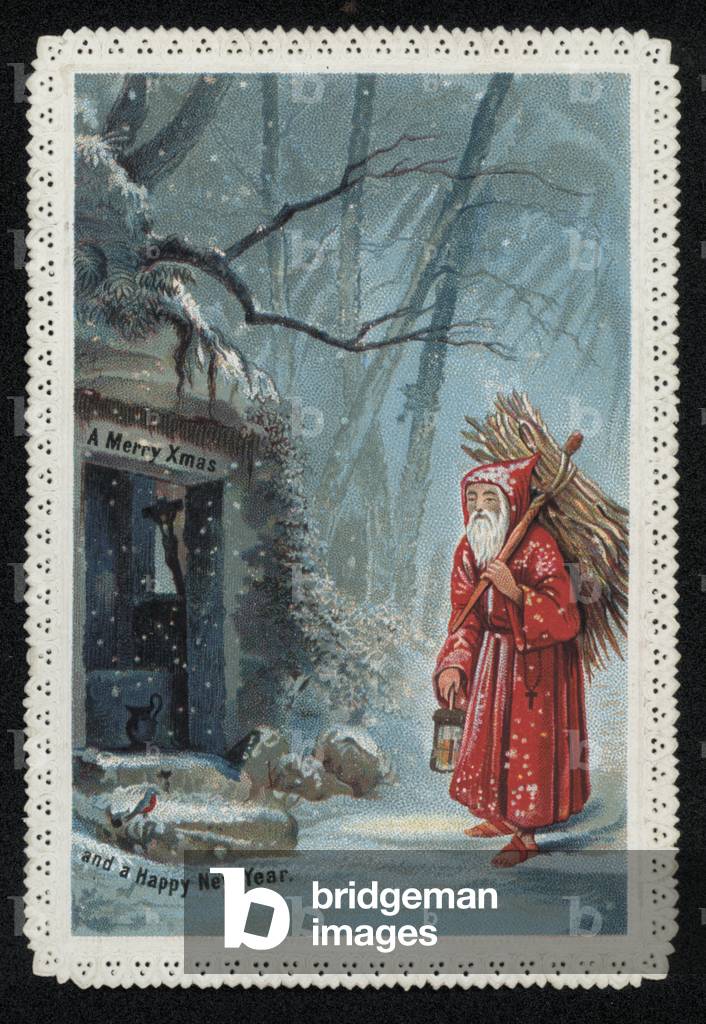Santa Claus with firewood in a wintry scene, Christmas greetings card. (chromolitho)