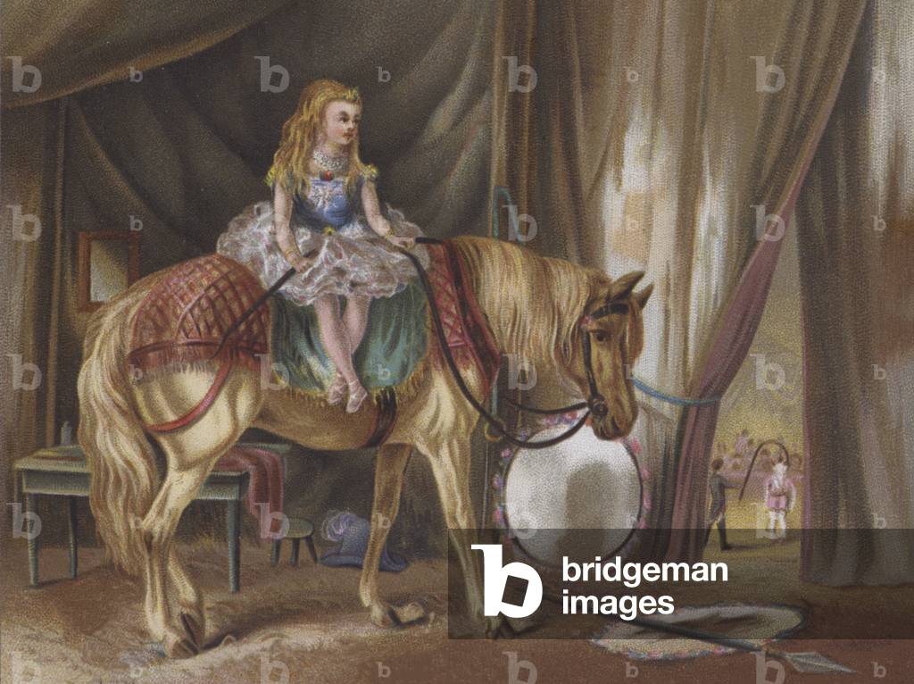 Girl on a pony about to enter the circus arena (chromolitho)