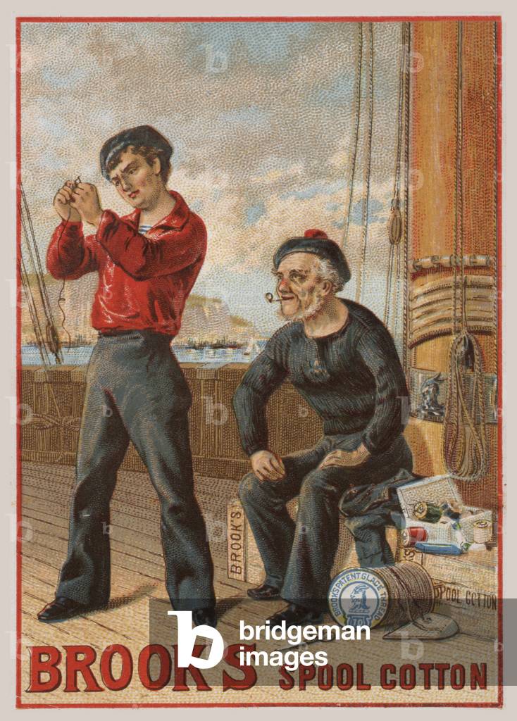 Two sailors on board a ship, advertisement for Brook's spool cotton (chromolitho)