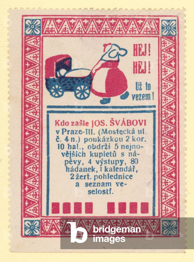 Woman pushing a pram (colour litho)