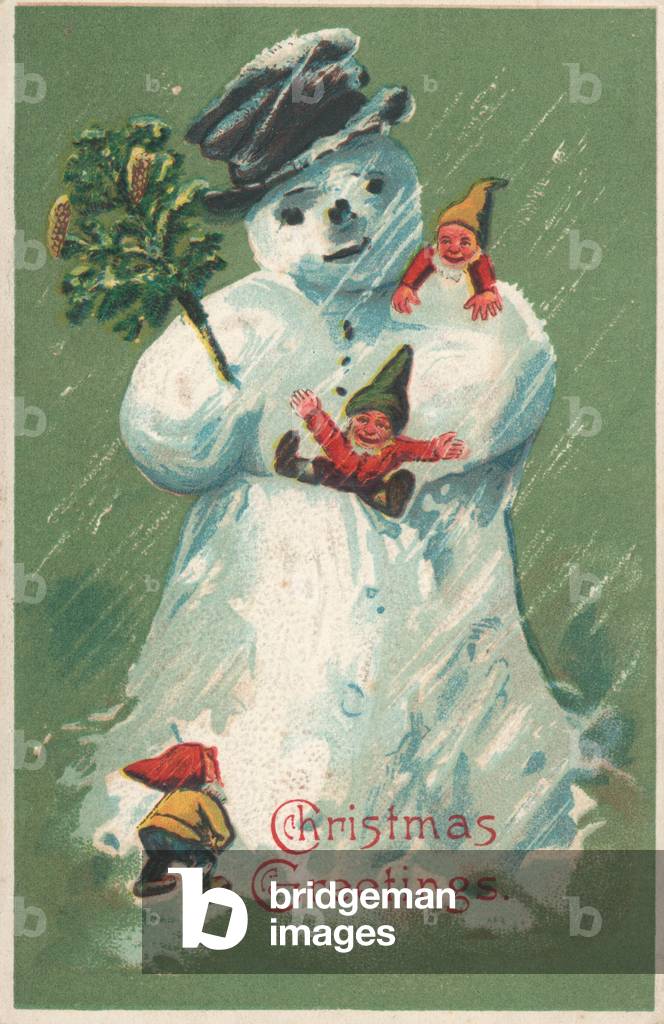Snowman with elves (chromolitho)
