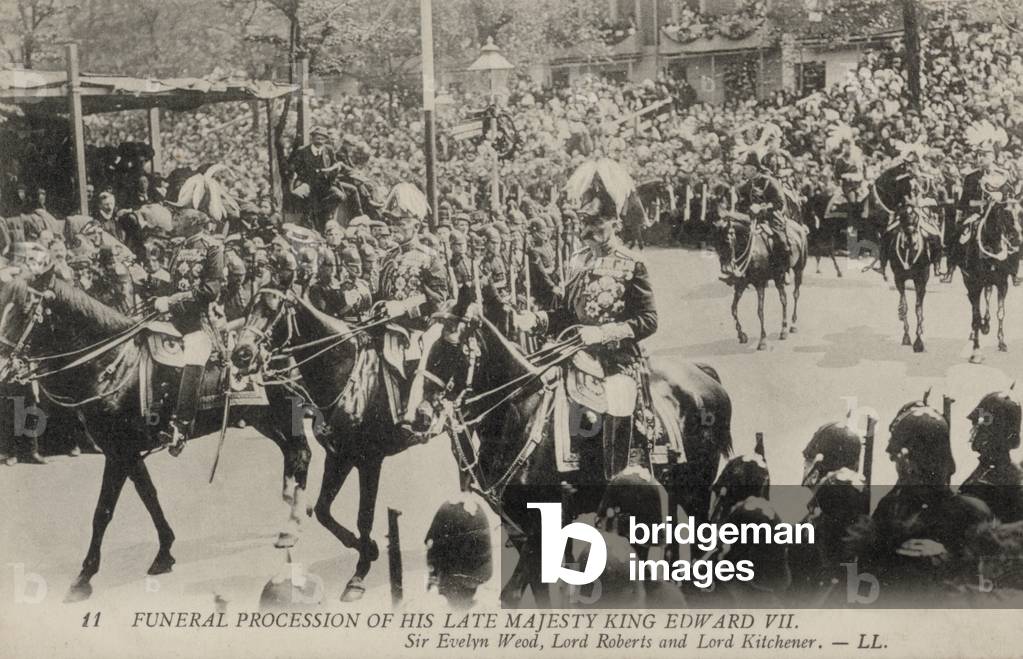 Funeral Procession of King Edward VII; Sir Evelyn Wood, Lord Roberts, Lord Kitchener (b/w photo)