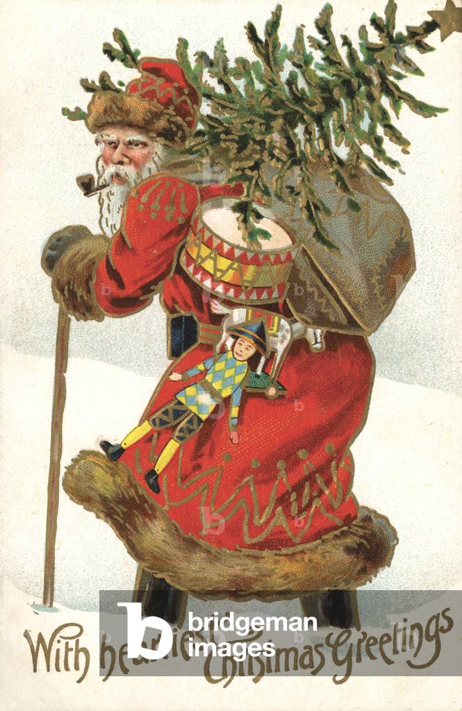Christmas card, Santa Claus, carrying a Christmas tree and presents through the snow (colour litho)