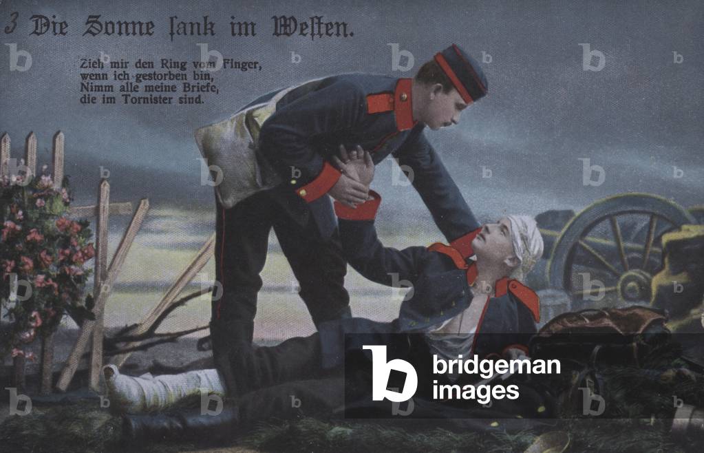 The Sun set in the west: a German soldier comforting his dying comrade on the battlefield (coloured photo)