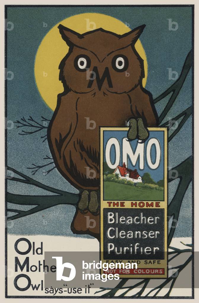 Owl: advertisement for Omo bleacher, cleanser and purifier (colour litho)