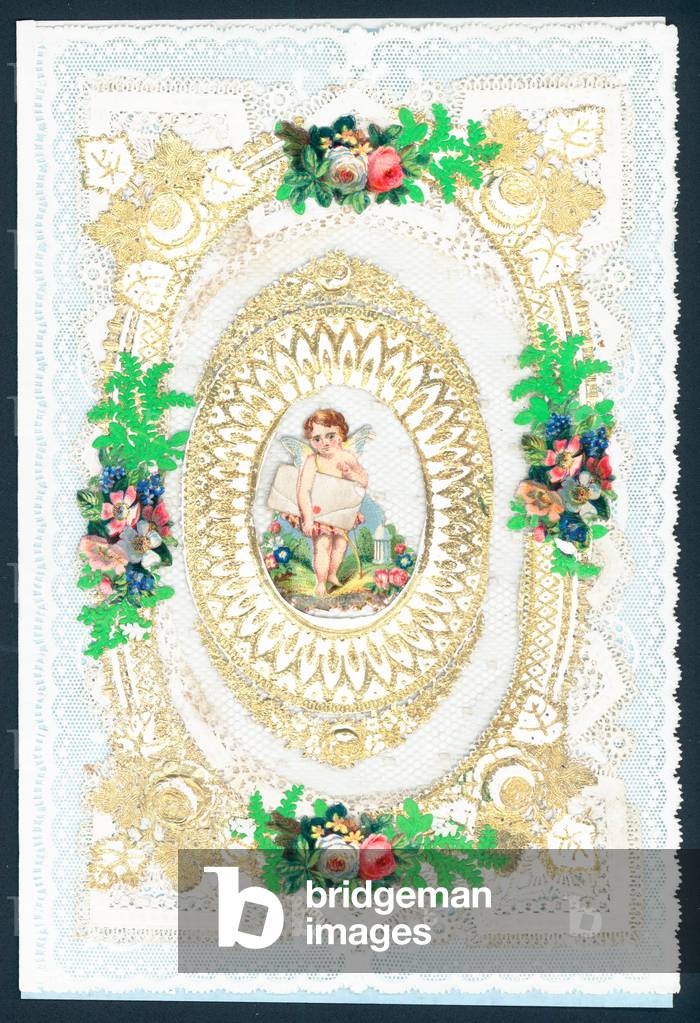 Valentine's Day card with Cupid holding a letter (chromolitho)