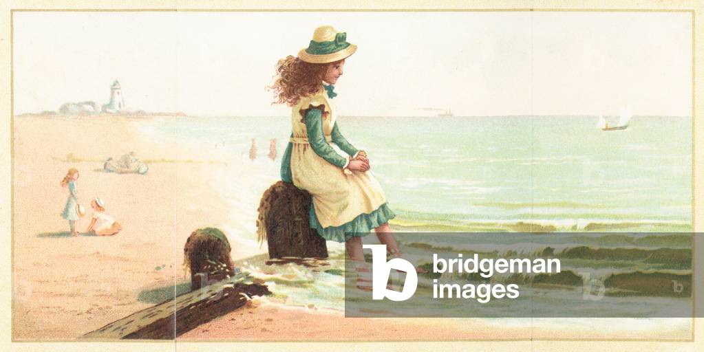 Young Girl Paddling Feet in the Sea, Card (chromolitho)