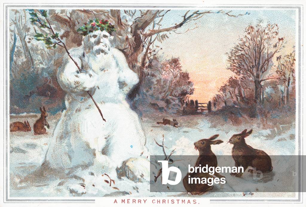 Snowman and Hares, Christmas Card (chromolitho)