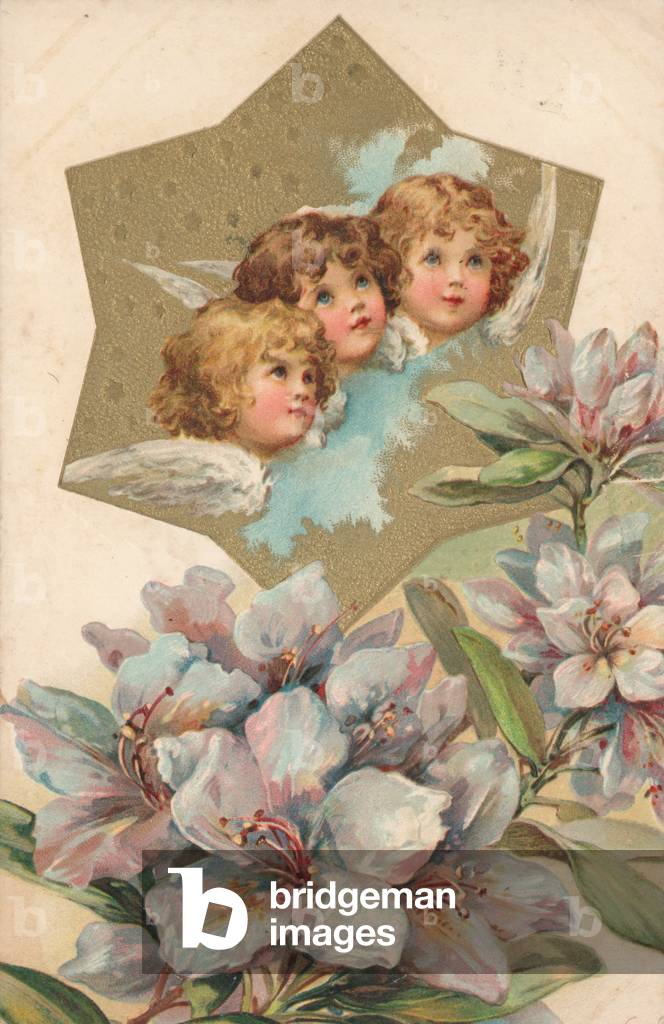 Three cherubs in an image decorated with flowers (colour litho)