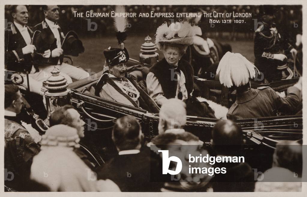 Kaiser Wilhelm II and Empress Augusta Victoria of Germany entering the City of London, 13 November 1907 (b/w photo)