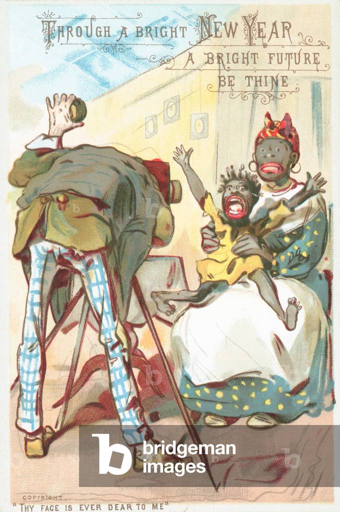 Woman and Child having Photograph taken, New Year Card (chromolitho)