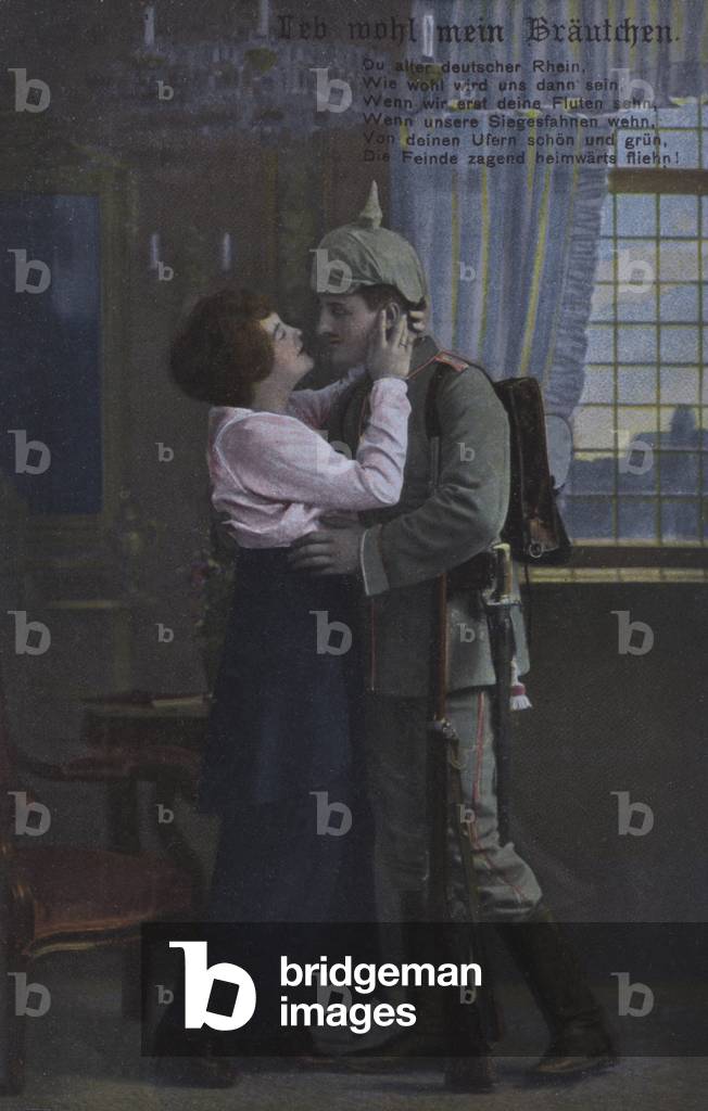 German soldier saying farewell to his wife before going off to war (coloured photo)