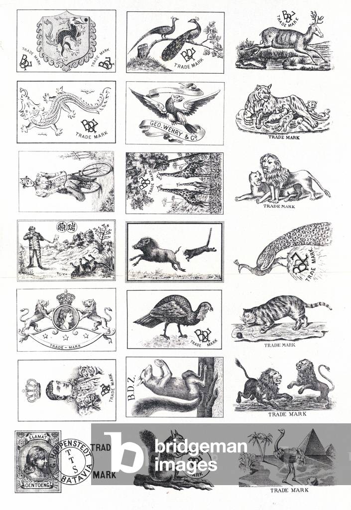 Page of trademarks, mostly involving animals (engraving)