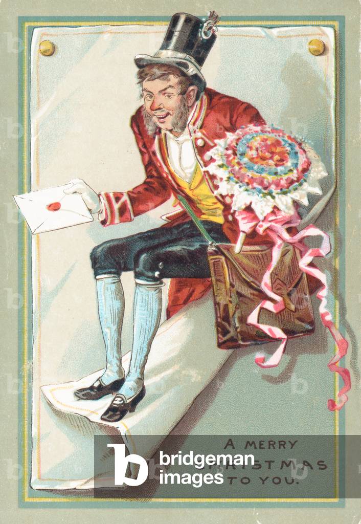 Man delivering letter and flowers, Christmas Card (chromolitho)