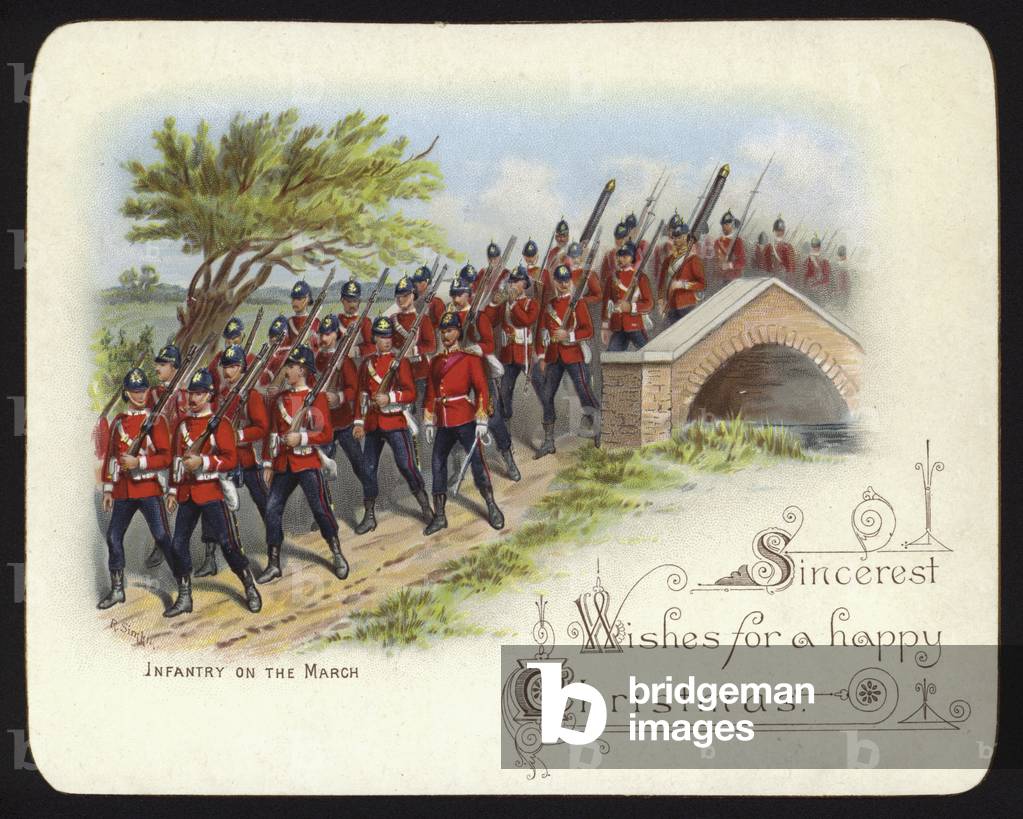 Infantry on the march, Christmas greetings card (chromolitho)