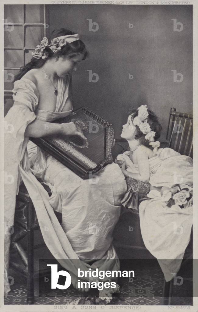 Sing A Song OSixpence - mother with harp singing to her daughter (b/w photo)